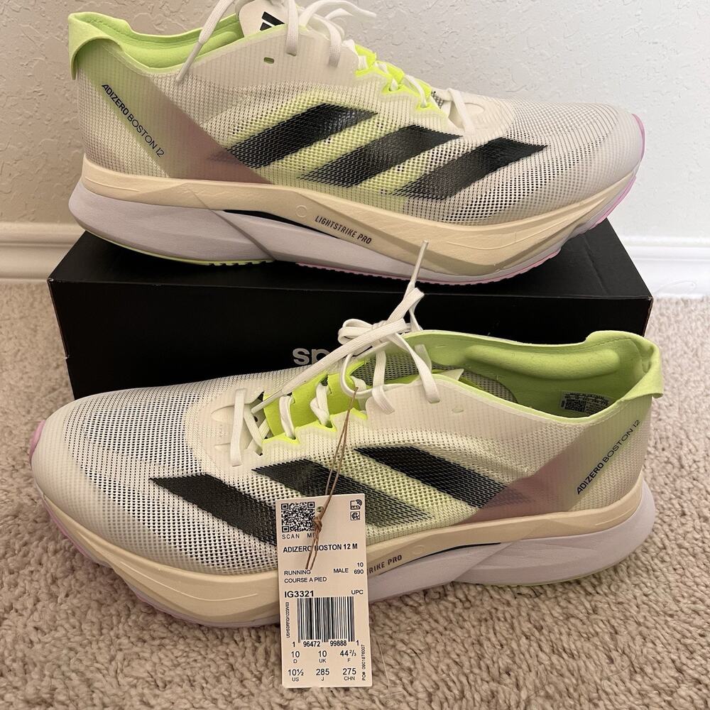 adidas Adizero Boston 12 Men Running Shoes White Green IG3321 Size 10.5 NWT